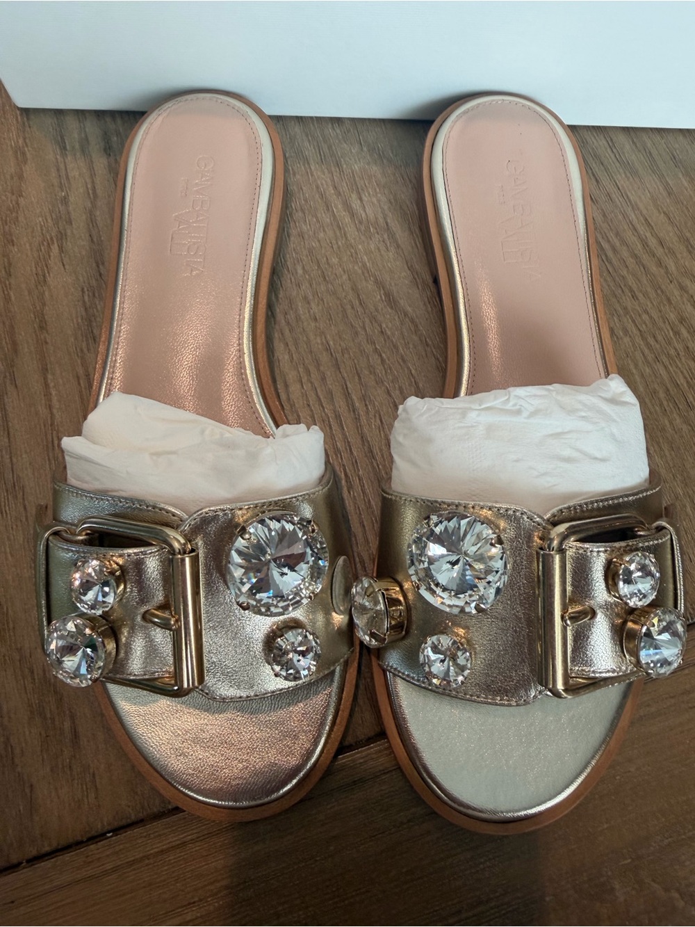Crystal-Embellished Metallic Slide Mules - Gold